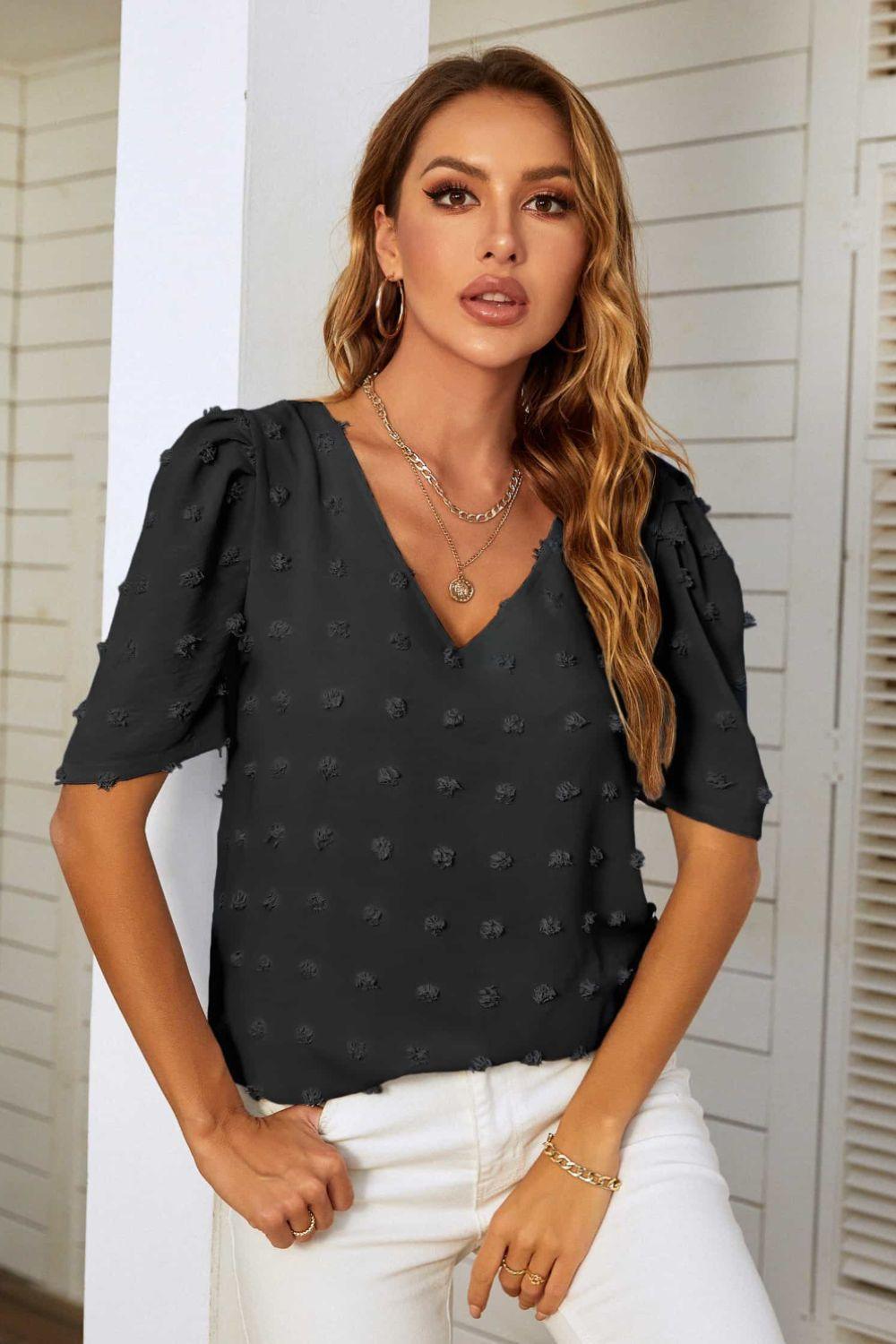 No Filter V Neck Swiss Dot Puff Sleeve Blouse - MXSTUDIO.COM