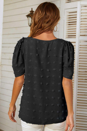 No Filter V Neck Swiss Dot Puff Sleeve Blouse - MXSTUDIO.COM