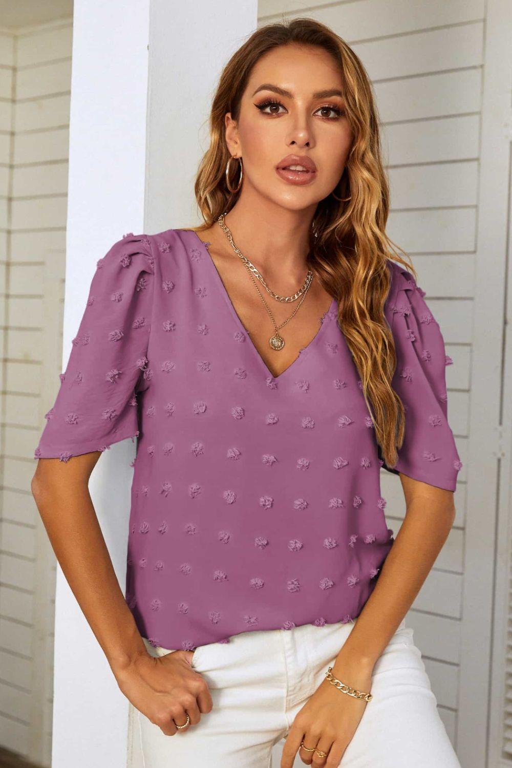 No Filter V Neck Swiss Dot Puff Sleeve Blouse - MXSTUDIO.COM