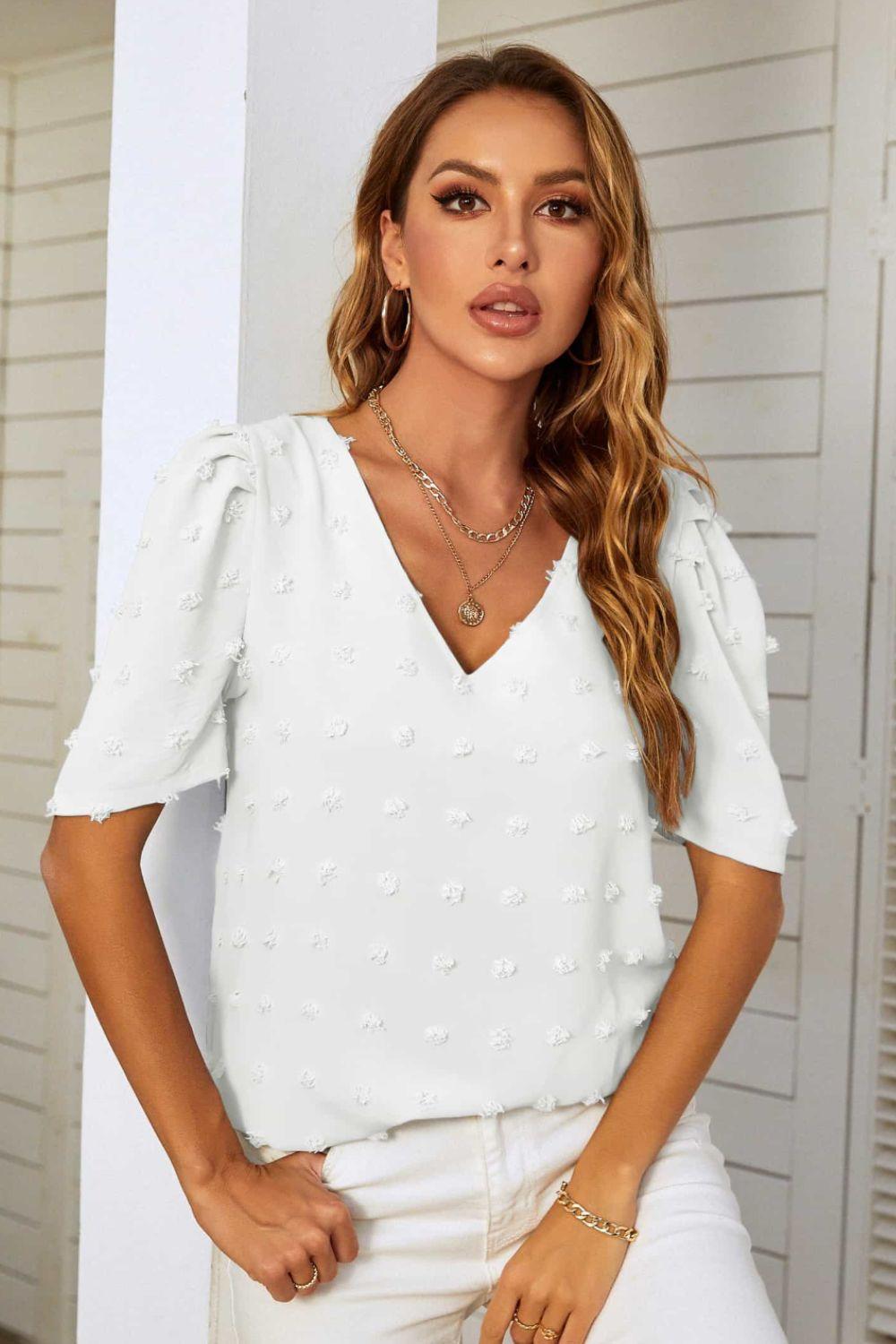 No Filter V Neck Swiss Dot Puff Sleeve Blouse - MXSTUDIO.COM