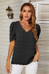 No Filter V Neck Swiss Dot Puff Sleeve Blouse - MXSTUDIO.COM