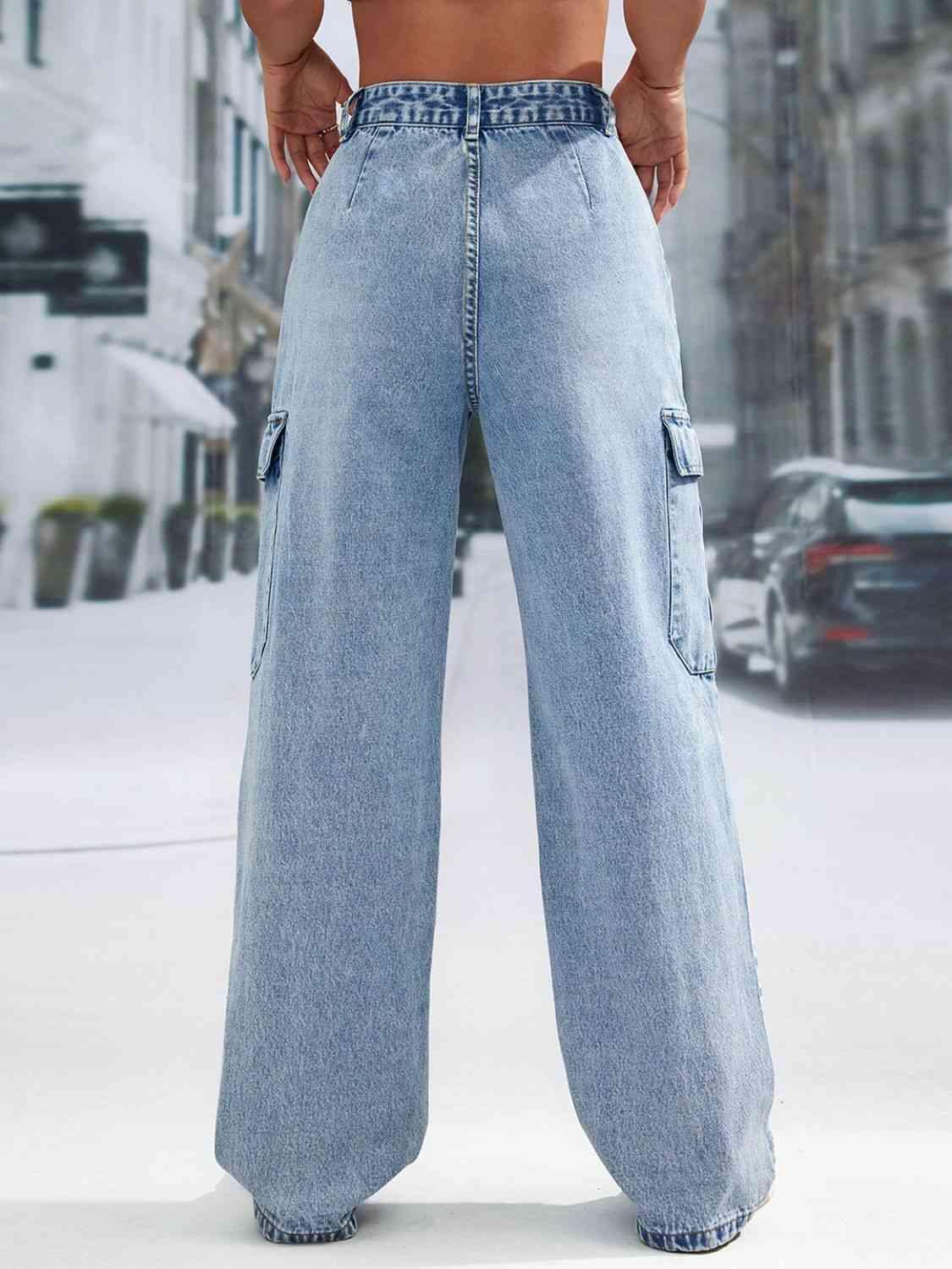 Non-Stretch High Waist Cargo Jeans - MXSTUDIO.COM