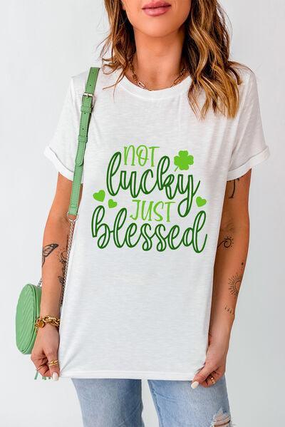 a woman wearing a t - shirt that says not lucky just blessing