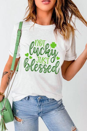 a woman wearing a t - shirt that says not lucky just blessing