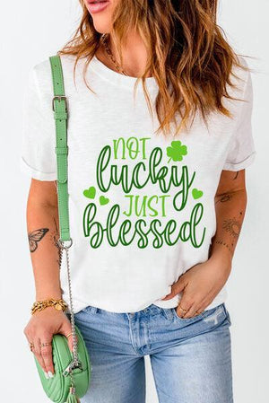 a woman wearing a t - shirt that says not lucky just blessing