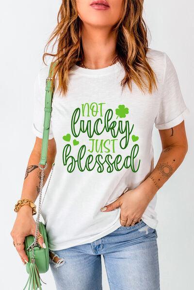 a woman wearing a t - shirt that says not lucky just blessing