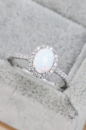 Notable Zircon Accents Halo Sterling Silver Opal Ring - MXSTUDIO.COM