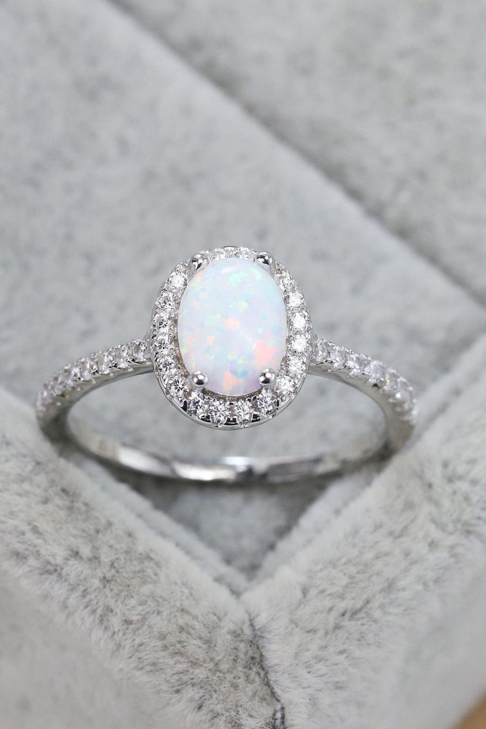 Notable Zircon Accents Halo Sterling Silver Opal Ring - MXSTUDIO.COM