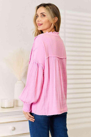 Notched Neck Fuchsia Pink Blouse-MXSTUDIO.COM