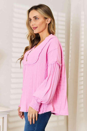 Notched Neck Fuchsia Pink Blouse-MXSTUDIO.COM