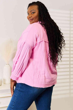 Notched Neck Fuchsia Pink Blouse-MXSTUDIO.COM