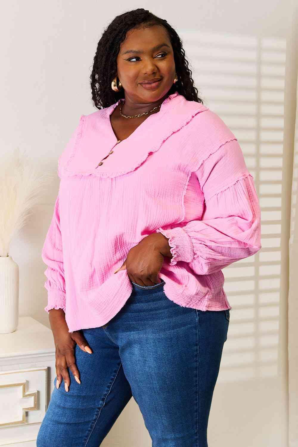 Notched Neck Fuchsia Pink Blouse-MXSTUDIO.COM