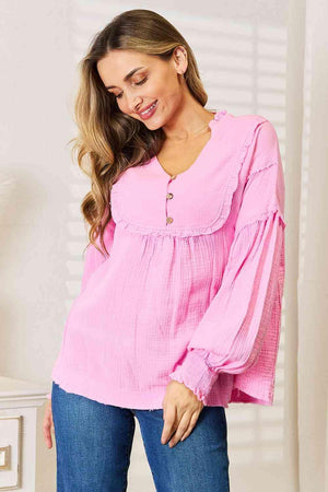 Notched Neck Fuchsia Pink Blouse-MXSTUDIO.COM