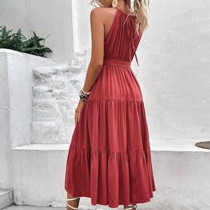 Noticeable Sleeveless Tie Belt Tiered Midi Dress - MXSTUDIO.COM