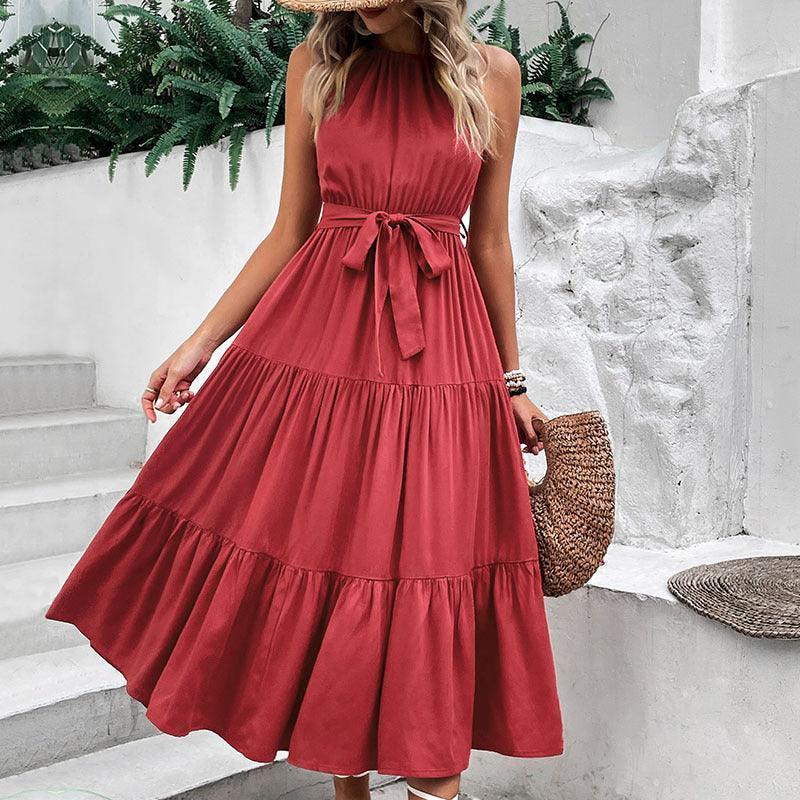 Noticeable Sleeveless Tie Belt Tiered Midi Dress - MXSTUDIO.COM