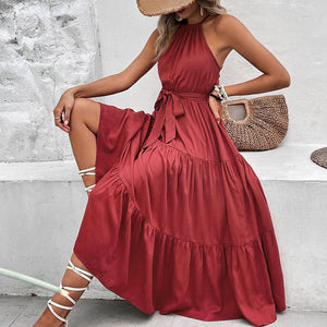 Noticeable Sleeveless Tie Belt Tiered Midi Dress - MXSTUDIO.COM