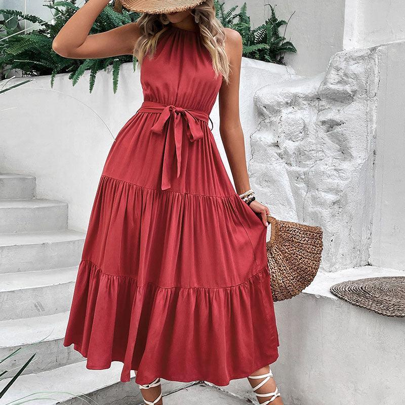 Noticeable Sleeveless Tie Belt Tiered Midi Dress - MXSTUDIO.COM