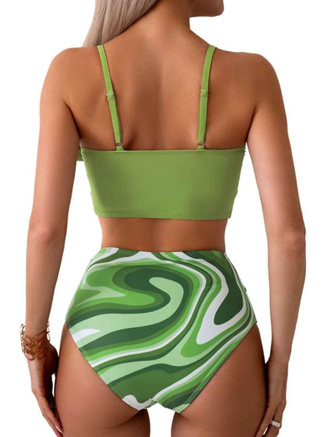 a woman wearing a green bikini top with a high waist