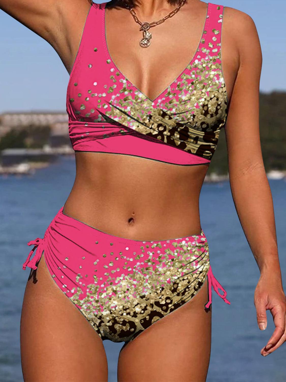 a woman in a pink bikini top and gold sequins