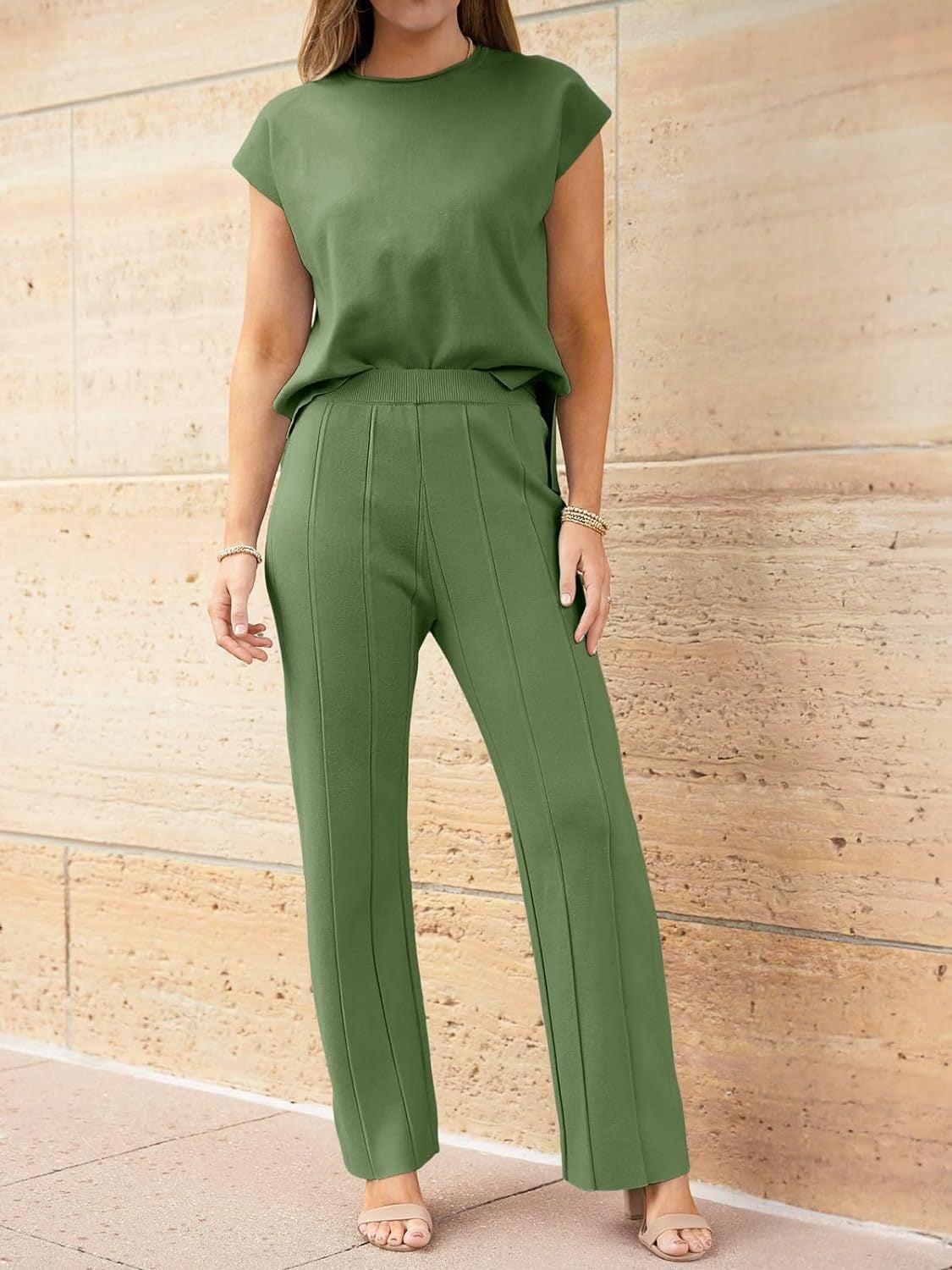 a woman in a green top and green pants