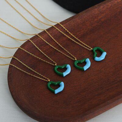 three necklaces with green and blue shapes on them