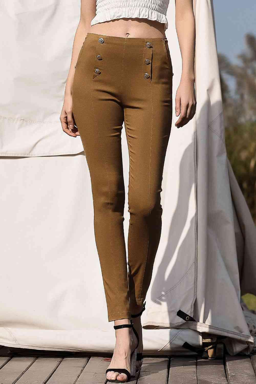 Olive Green Skinny Double Breasted Pants - MXSTUDIO.COM