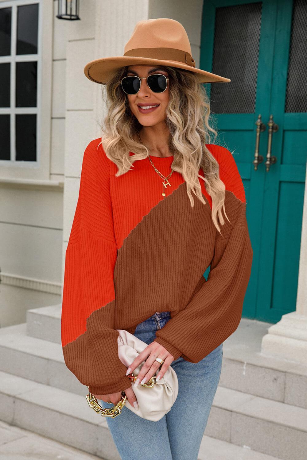 On Fleek Autumn Ribbed Knit Two Tone Sweater - MXSTUDIO.COM