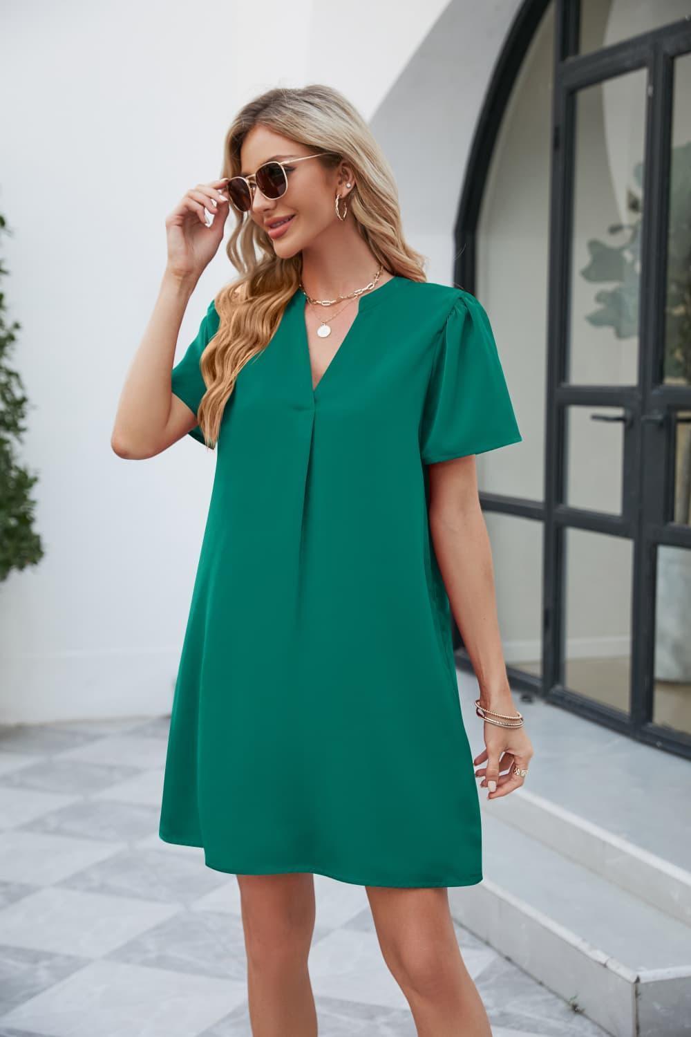 On Fleek Notched Short Sleeve Mini Shift Dress - MXSTUDIO.COM