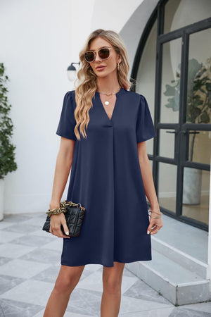 On Fleek Notched Short Sleeve Mini Shift Dress - MXSTUDIO.COM