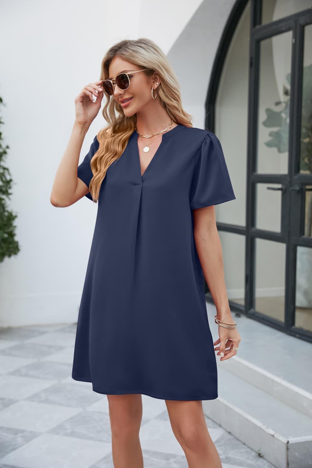 On Fleek Notched Short Sleeve Mini Shift Dress - MXSTUDIO.COM