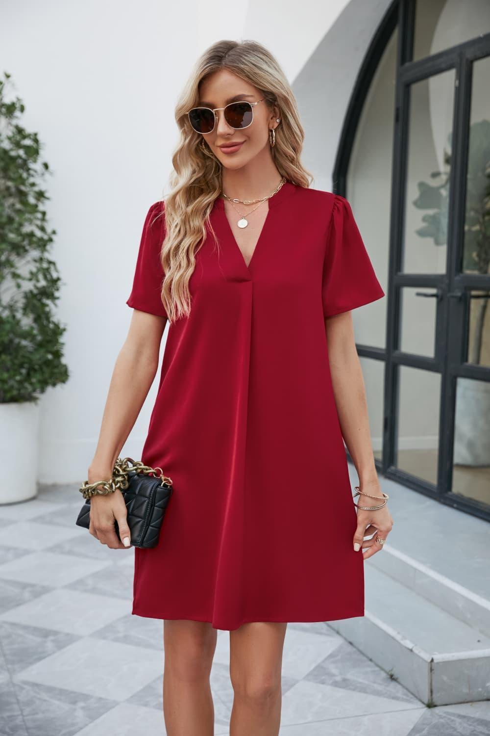 On Fleek Notched Short Sleeve Mini Shift Dress - MXSTUDIO.COM