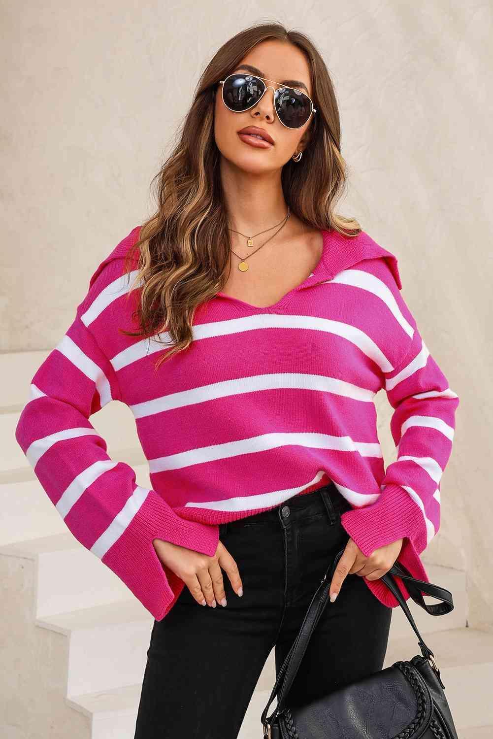 On Fleek Warmth Striped Slit Collared Sweater - MXSTUDIO.COM