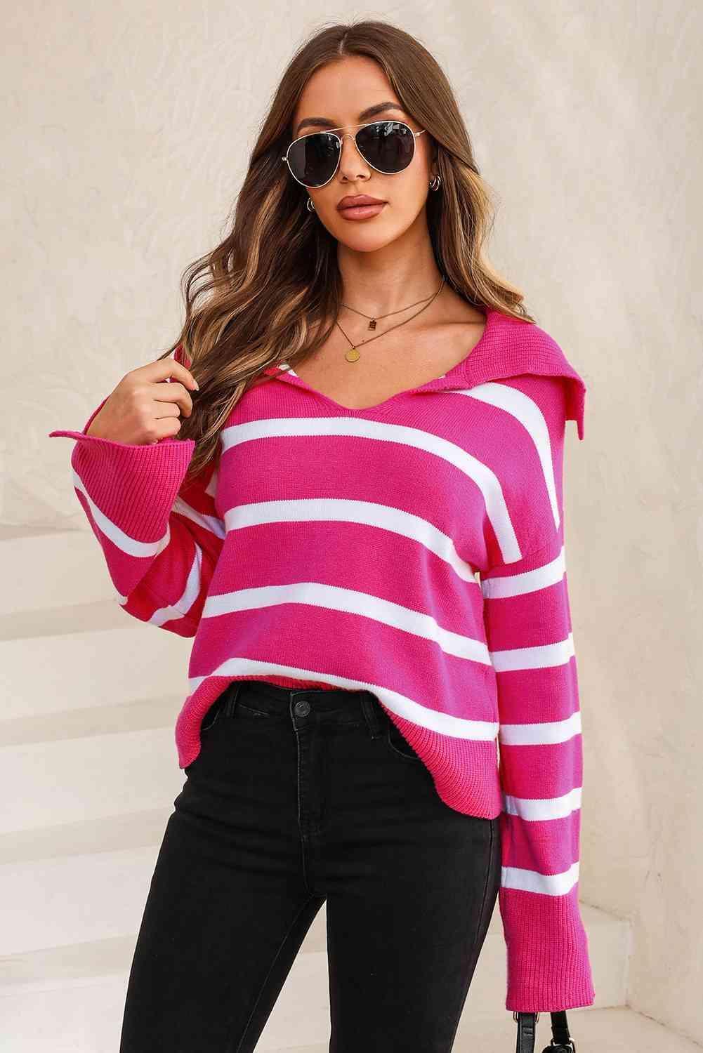 On Fleek Warmth Striped Slit Collared Sweater - MXSTUDIO.COM