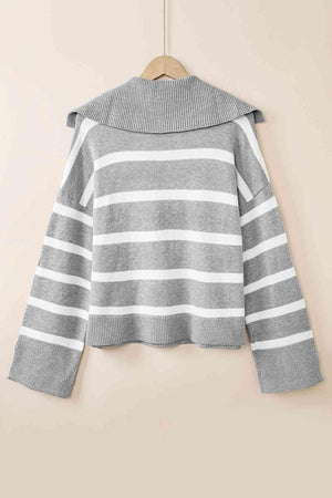 On Fleek Warmth Striped Slit Collared Sweater - MXSTUDIO.COM