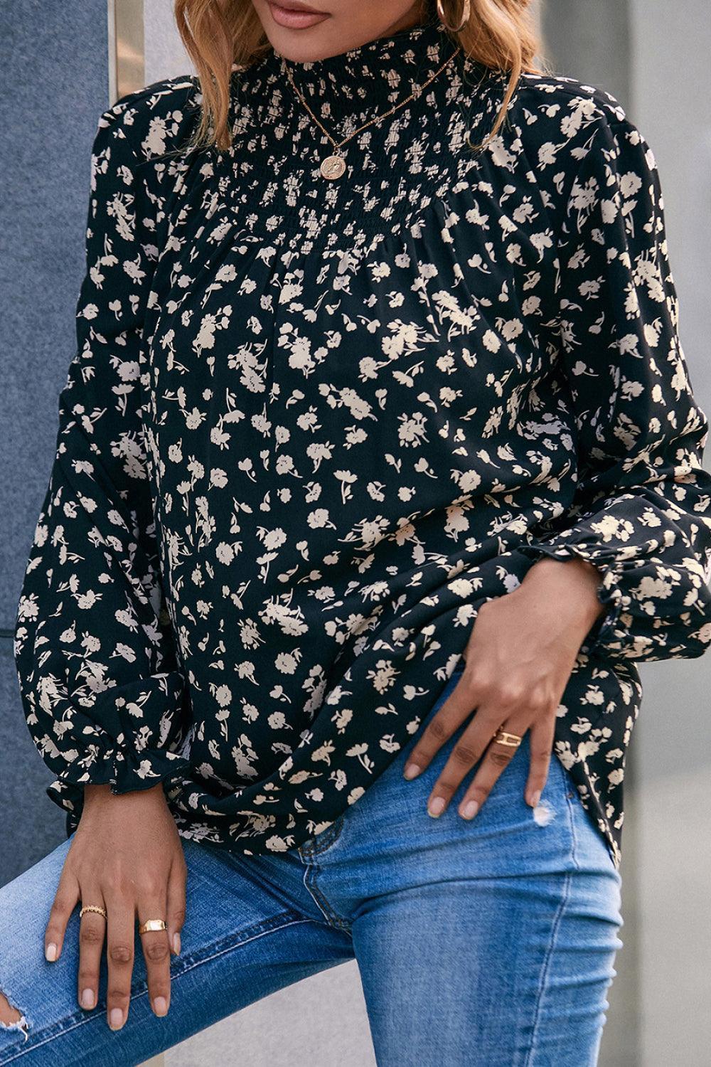 On Point Floral Mock Neck Long Sleeve Blouse - MXSTUDIO.COM