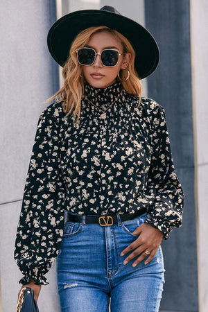 On Point Floral Mock Neck Long Sleeve Blouse - MXSTUDIO.COM