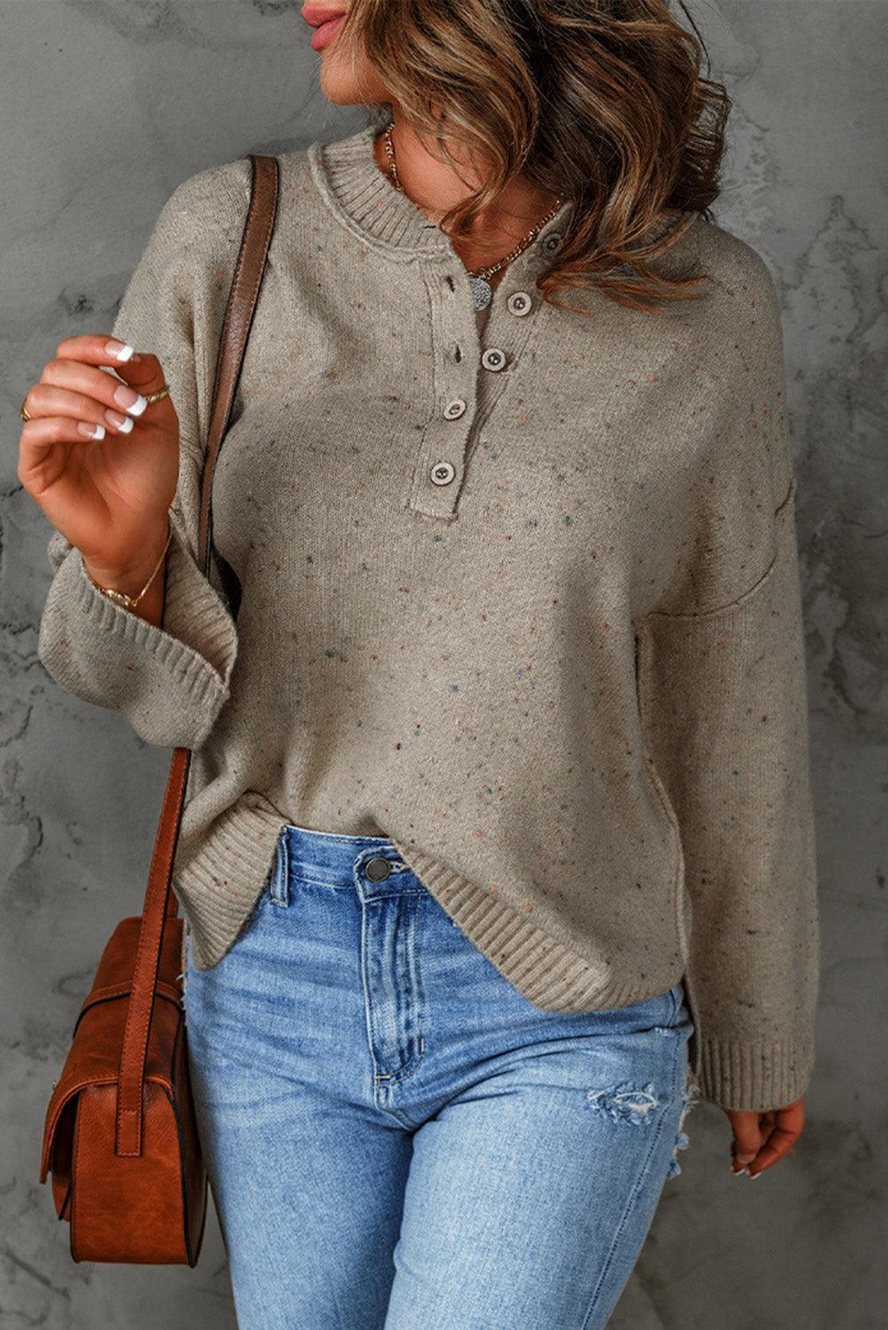 On The Go Knit Long Sleeve Henley Sweater - MXSTUDIO.COM