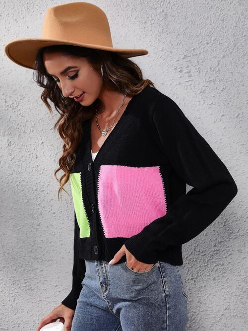 On The Go Layer Button Front Color Block Cardigan-MXSTUDIO.COM