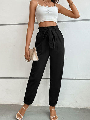 On The Go Tie Front Black Tapered Leg Pants - MXSTUDIO.COM