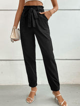 On The Go Tie Front Black Tapered Leg Pants - MXSTUDIO.COM