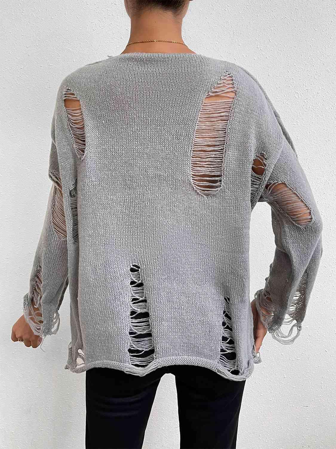 On Trend Crew Neck Distressed Knit Sweater-MXSTUDIO.COM