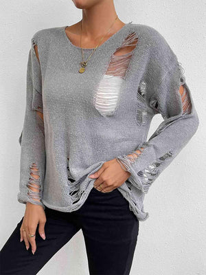 On Trend Crew Neck Distressed Knit Sweater-MXSTUDIO.COM