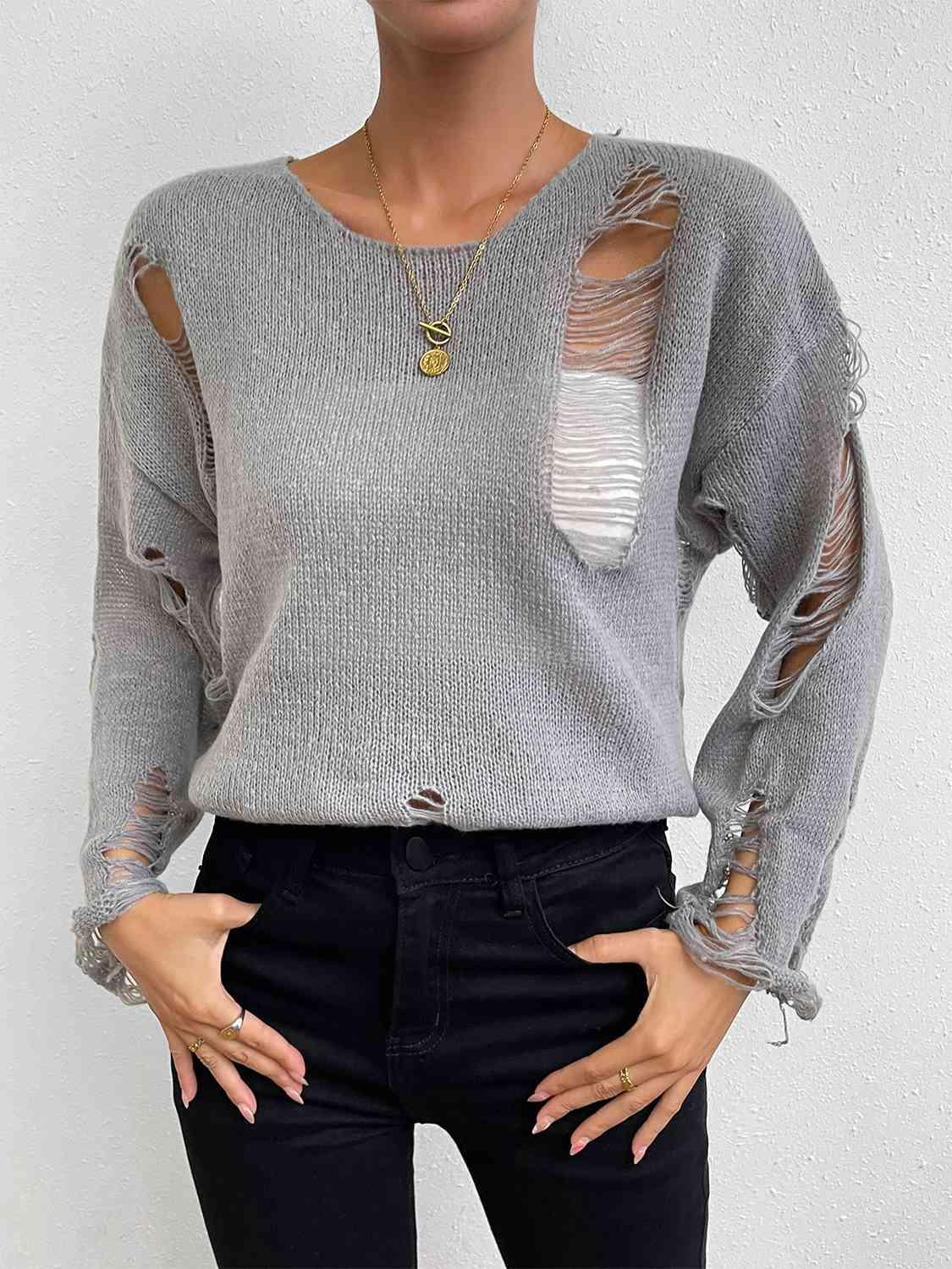 On Trend Crew Neck Distressed Knit Sweater-MXSTUDIO.COM