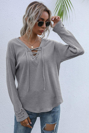 Oozing Confidence Ribbed Lace Up Long Sleeve Top - MXSTUDIO.COM