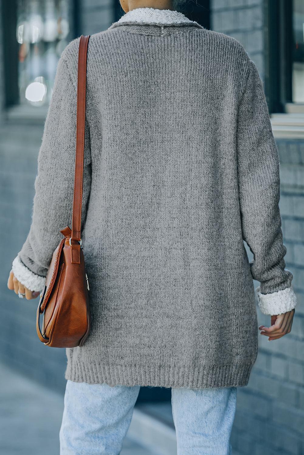 Open Front Pocketed Longline Gray Cardigan Sweater - MXSTUDIO.COM