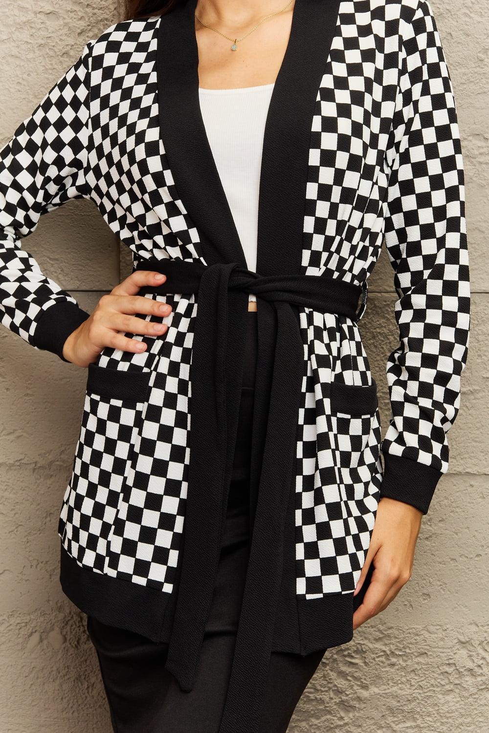 Open Front Pocketed Tie Waist Long Plaid Cardigan - MXSTUDIO.COM