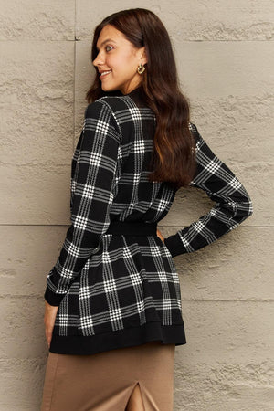 Open Front Pocketed Tie Waist Long Plaid Cardigan - MXSTUDIO.COM