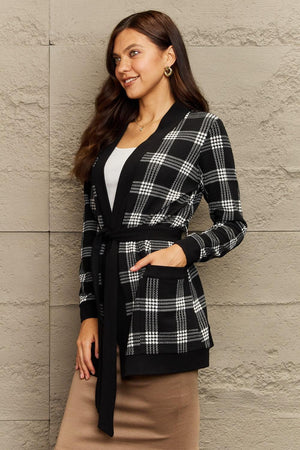 Open Front Pocketed Tie Waist Long Plaid Cardigan - MXSTUDIO.COM