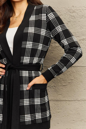 Open Front Pocketed Tie Waist Long Plaid Cardigan - MXSTUDIO.COM