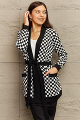 Open Front Pocketed Tie Waist Long Plaid Cardigan - MXSTUDIO.COM